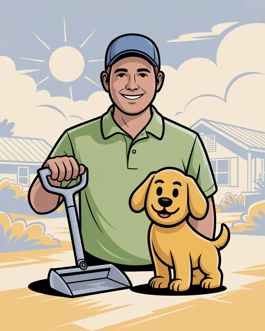Jim with a friendly dog illustration, representing PetScoopers' promise of clean, safe service